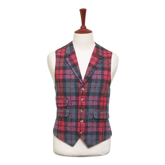 Mens Plaid Vest 44R Gray Pink Purple Lambswool Waistcoat XL Formal Wedding Party - Picture 1 of 9